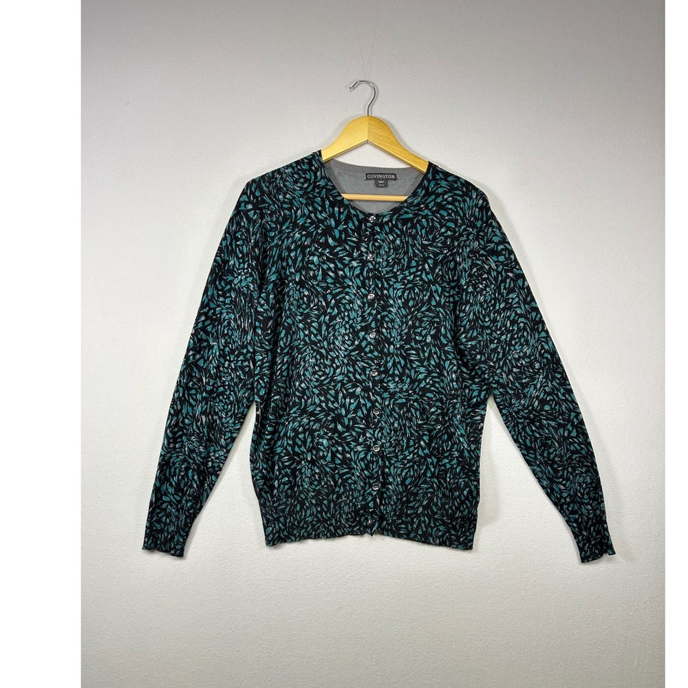 Abstract Office Wear Covington Cardigan Sweater‎ Women XL Teal Black Leaf Print